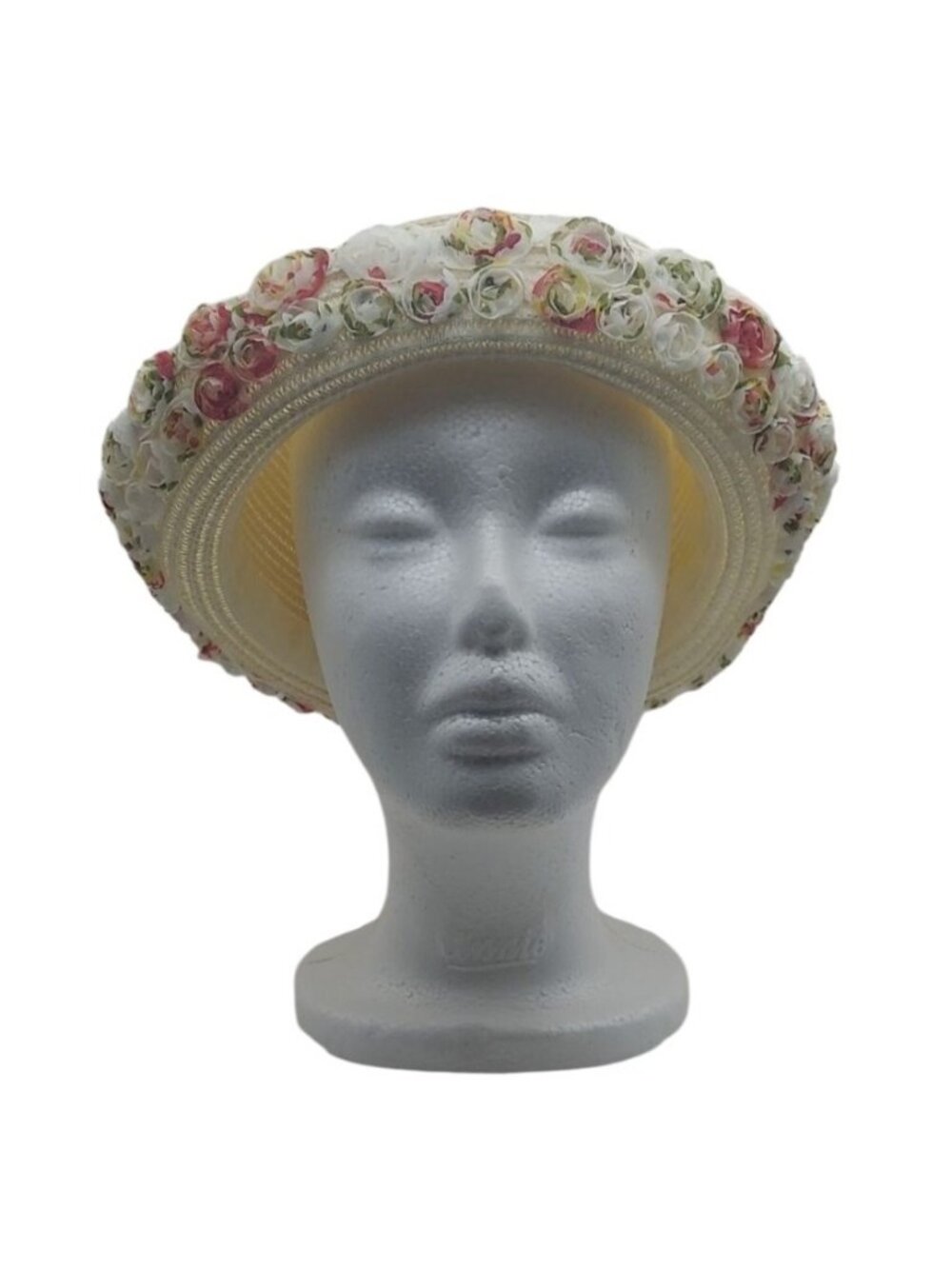 Womens Straw Derby Hat Cream Pink White Fabric Flower Embellished Summer Spring